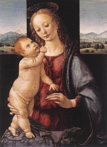 Leonardo da Vinci: Madonna Dreyfus (forse una copia da Leonardo di Lorenzo Credi), anno 1475-1480 circa, tecnica a olio su tavola, anno 16,5 x 13,4 cm., National Gallery of Art, Washington.